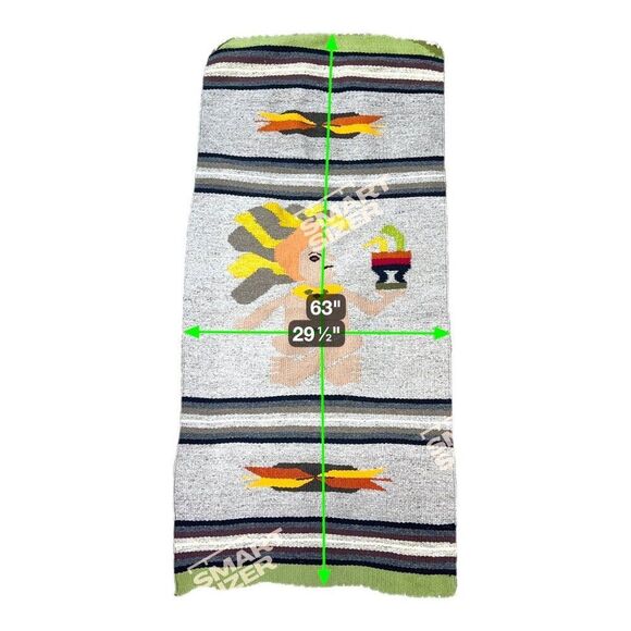Vintage Handmade Woven Wall Tapestry With Aztec God Medicine Man 63X29.5 Mexico - Picture 3 of 4